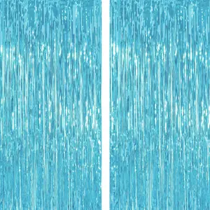 2 Pack Thickened Blue Metallic Foil Fringe Curtains Streamer  Resistant Shimmer Tinsel Photo Booth Backdrop for Birthday Wedding Christmas Bachelorette Party Decorations 3.28ft x 6.56ft