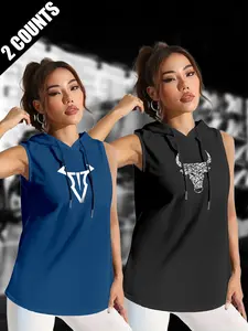 Women's 2-Piece American Fitness Bull Symbol Hooded Vest Set, Loose Fit Sleeveless Top, Sporty Casual Wear, Long Clothing