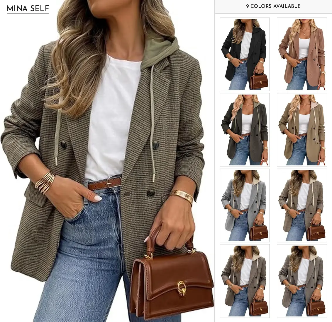Mina Self Women's  Tweed Hooded Plaid Blazer Jacket, Herringbone Oversized Long Double-Breasted Fully Lined Open Front Long Sleeve Work Office Outerwear with Pockets for Fall Winter