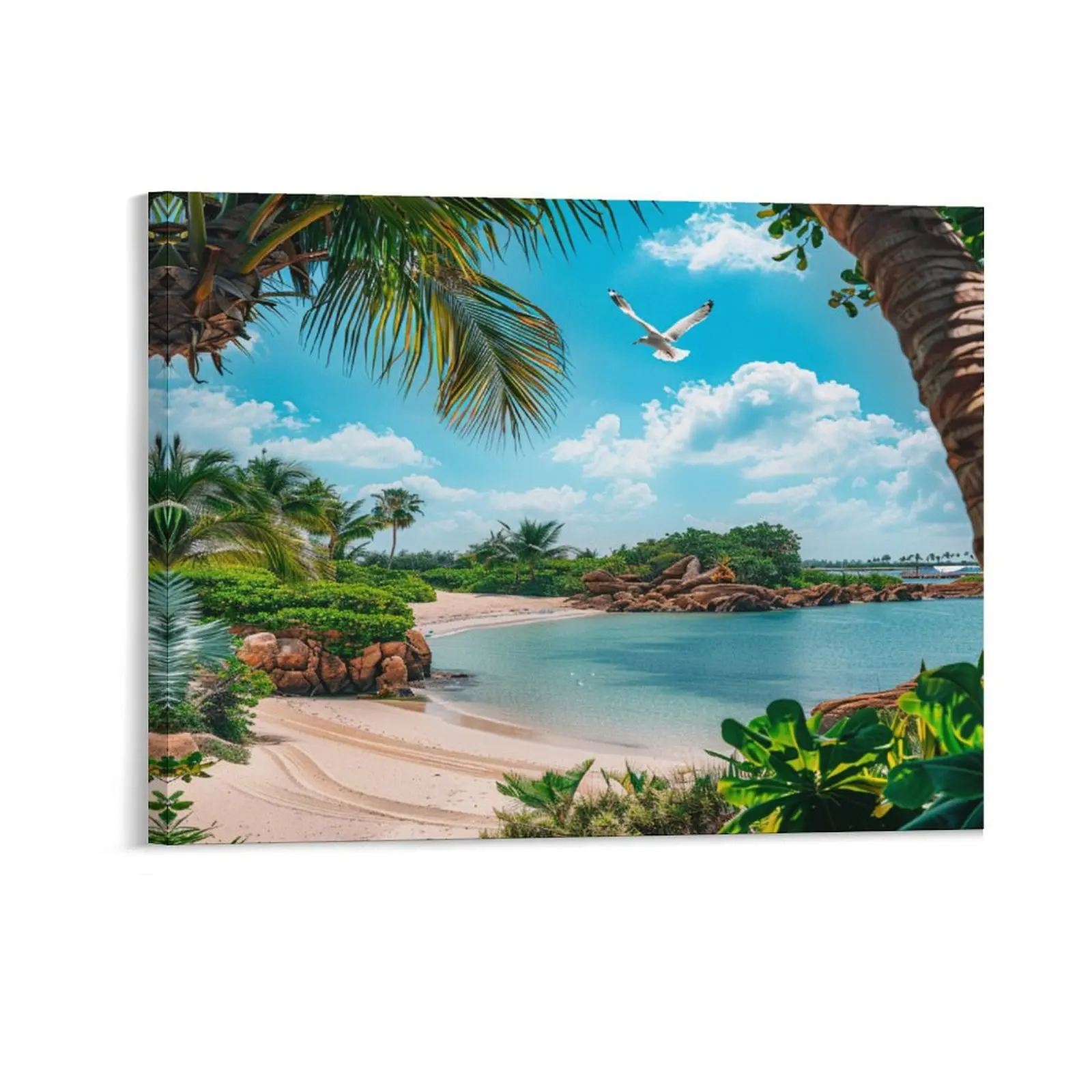 Beautiful Tropical Beach Canvas Posters Wall Art Prints Hawaii Palm Trees Blue Sky Bird Natural Scenery Home Wall Aesthetic Living Room Bedroom Office Decor Festival Gift