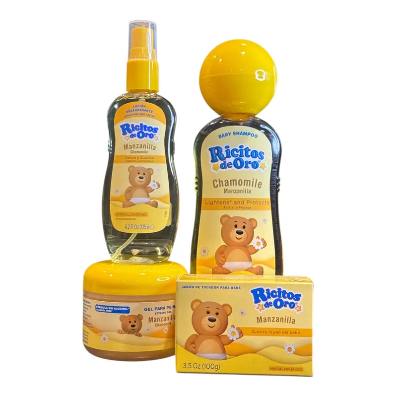 Ricitos de Oro Manzanilla Ricitos Manzanilla Kit - Alcohol-Free Chamomile Extract hair Gel, Soap, Shampoo, Lotion Desenredante
