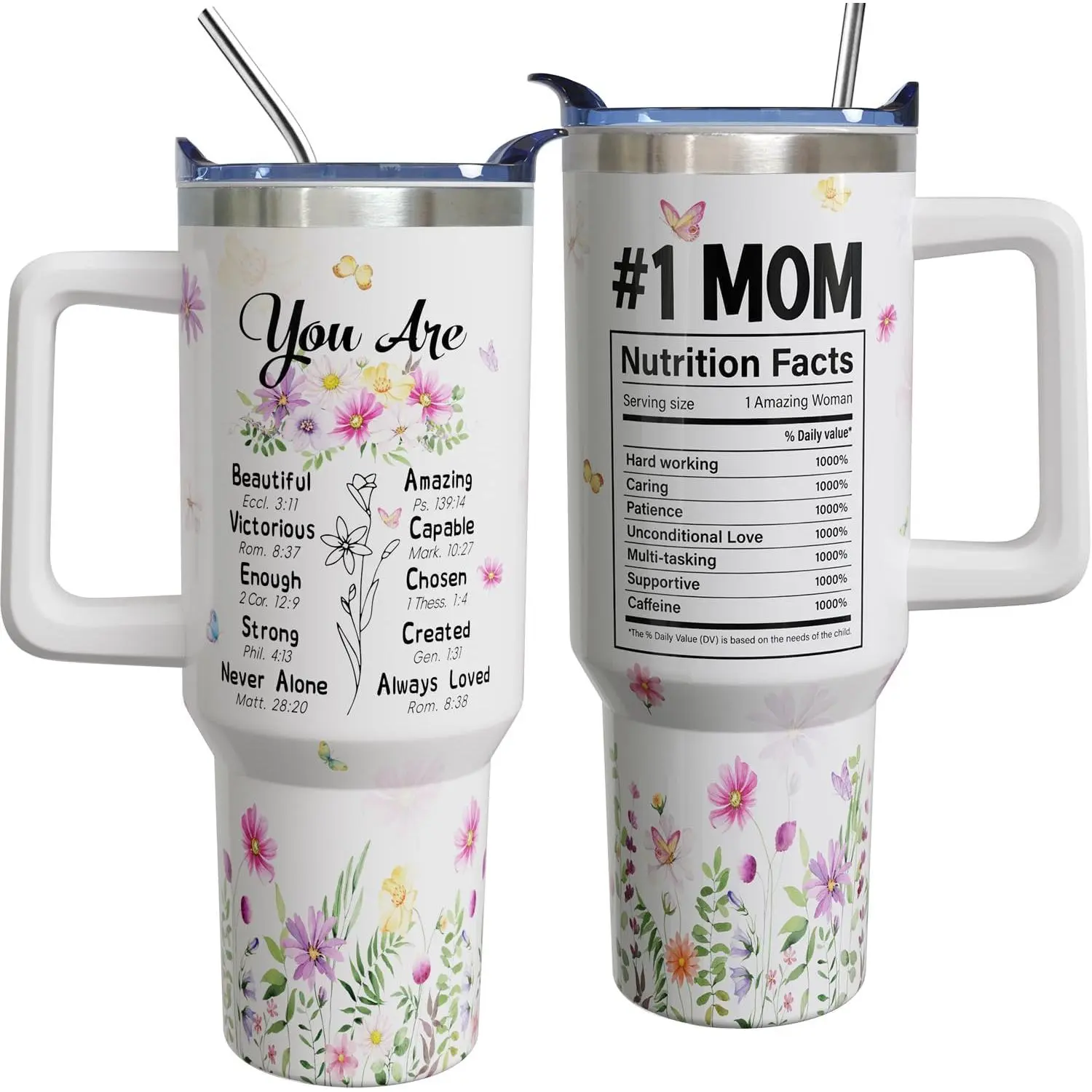 40 oz # 1 Mom Cup Tumbler with Handle Lid and Straw, Mothers Day Tumbler Cup, Birthday Christian Mother's Day Gifts for Mom from Daughter Son, Mama Gifts for Moms