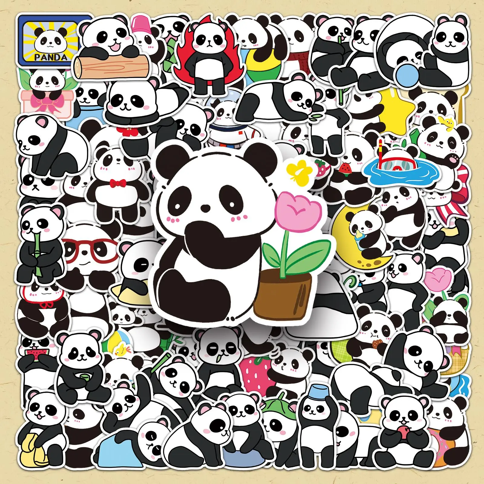 Cartoon Panda Pattern Sticker, 100pcs/set Cute Animal Decorative Stickers, DIY Decals for Phone Case, Cellphone, Smartphone, Computer, Guitar, Bag, Water Cup, Scrapbook