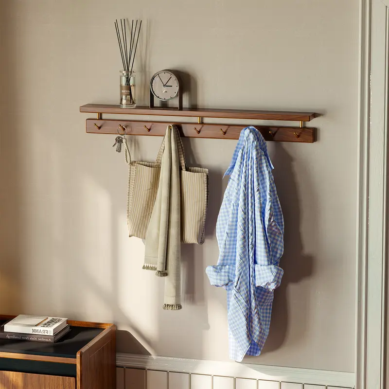 Wayshome Durable 100% Solid Black Walnut Wall-Mounted Hook with 1-Layer 22.8” Shelf, 9 Brass Hooks for Space Saving Hanger Solutions, Mid-Century Modern Aesthetic Home Decor (Solid Structure)