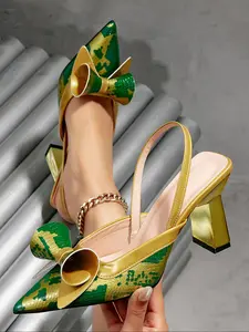 New Pointed Toe Chunky Heel High Heels Butterfly Knot Elevated Sandals Snake Print Gold Block Women's Shoes
