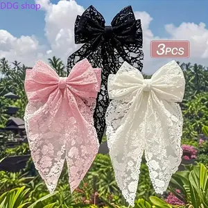 Women's 3-Pack Lace Bow Hair Clips, Elegant Black and Pink Ribbon Hairpins, Durable Lightweight Hair Accessories for Everyday Wear, Weddings