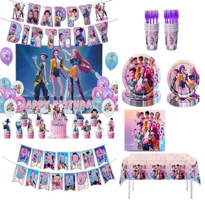 K-Pop Devil Pink Disposable Plate Party Decoration Set includes balloons, banners, cake toppings, and is suitable for birthday fan celebrations.