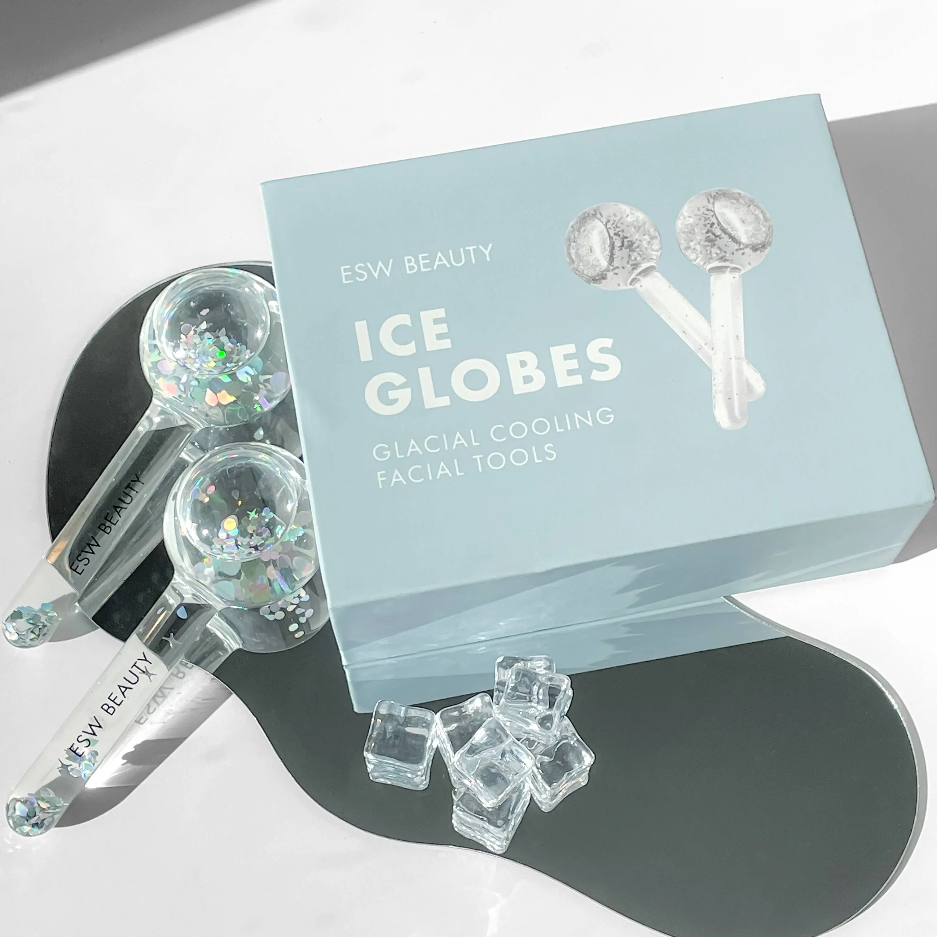 ESW BEAUTY Ice Globes Duo Set - Glacial Cooling Skincare Tools, Unscented Mild Soap Safe, Firming/Lifting, Dark Circles Reduction, Pore Control, Soothing At-Home Facial Cleansing Self Care Products, Solid Globe, Store In Cool Place
