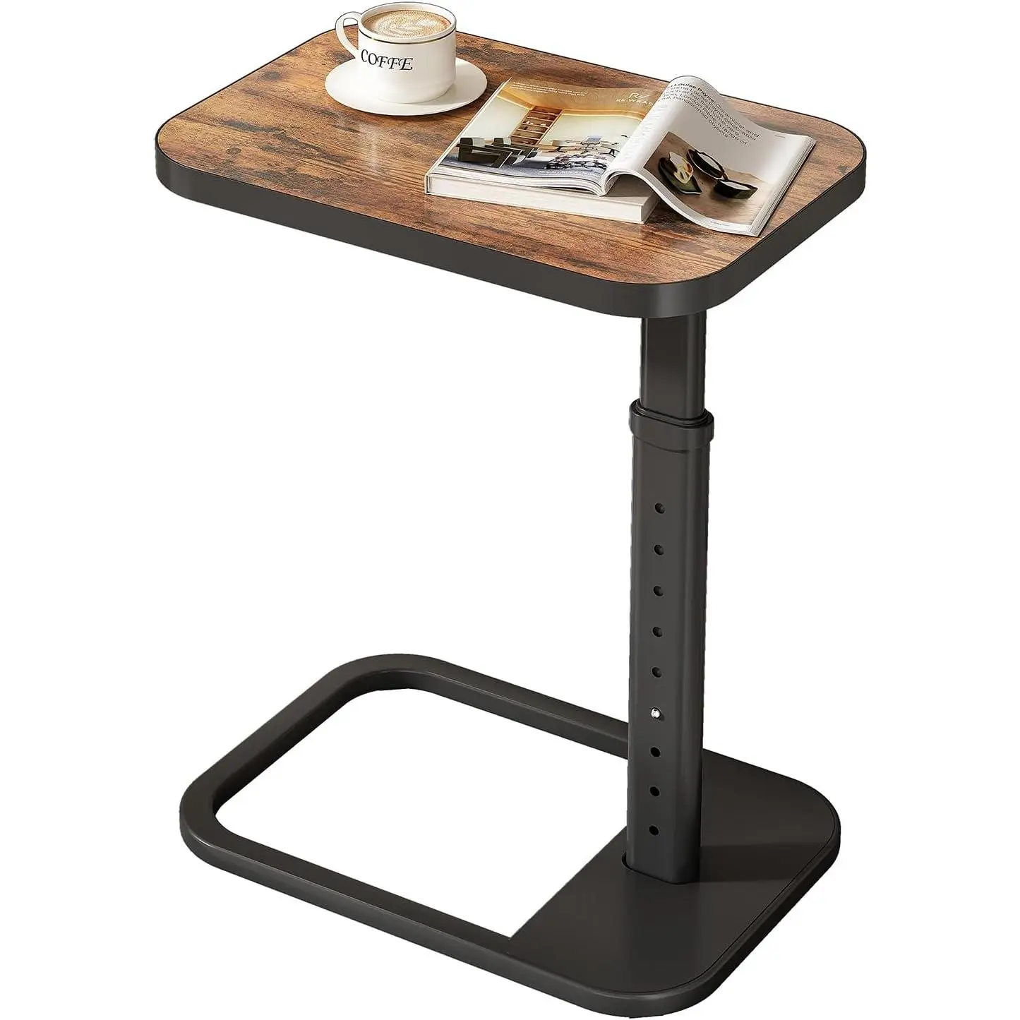 Adjustable Height C-Shaped End Table, 9-Level Side Table with Thickened Metal Rounded Edge, Couch Table Slides Under Sofa or Bed, Eating, Working, TV Tray Table for Small Spaces, Brown
