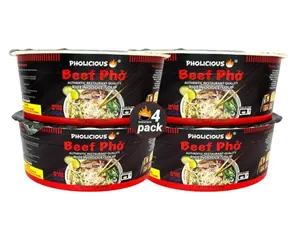 PhoLicious Instant Beef Pho Noodle Soup Kit – Authentic Vietnamese Rice Noodles with Broth & Spice Mix, Quick Microwave Meal, Ramen Alternative, Beef Flavor, 4-Pack