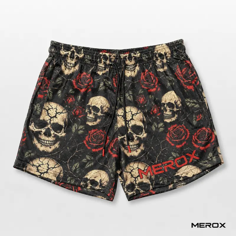 MEROX Skull and Roses Graphic Detail Turns Heads Colorful Mesh Men's Sports Shorts - 5 in Inseam, Zipper Pockets, Breathable Mesh for Gym Workouts