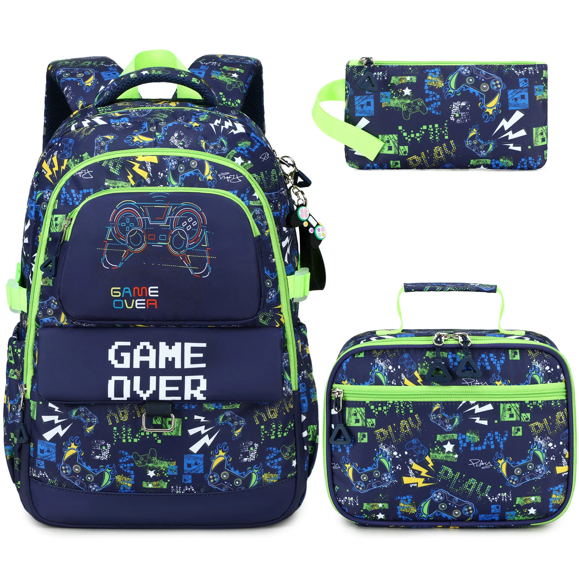 MAKUKKE Boys' 3-Piece Backpack Set with Insulated Lunch Box & Pencil Case, Durable Water-Resistant Polyester, Pixelated Gaming Design, Comfortable & Ergonomic for Back to School, Back To School Haul, Designed For Gamers, Durable, Water-Resistant Polyester