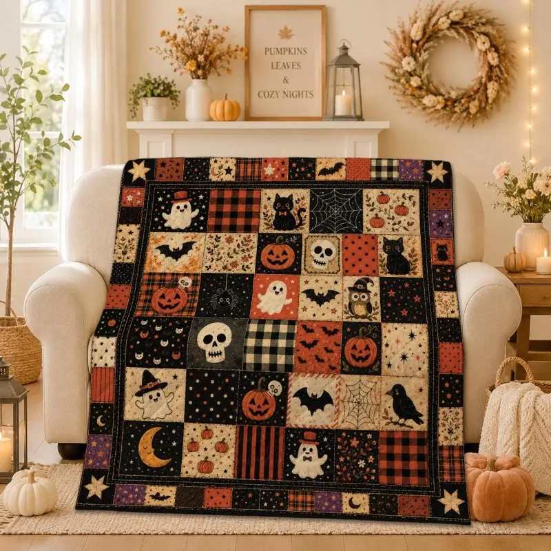 Vintage Patchwork Halloween Quilt Blanket, Gothic Fall Decor, Spooky Pumpkin Ghost Black Cat Flannel Throw Blanket, Soft Cozy Autumn Bedding for Sofa Couch Bed Bedroom Living Room October Birthday Gift