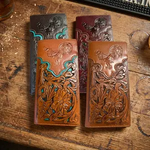 Leather Long Wallet Floral Embossed Rooster Gallo Bi Fold High End Mens Wallet Premium Full Grain Leather Hand Stitched Quality Western Symbols