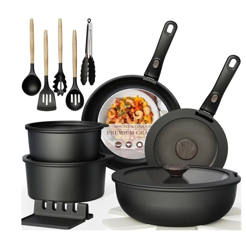 8-21 Piece Multi Color Orange Red Purple Blue Pink White Black Non-Stick Kitchen Cookware Pots and Pans Sets, Outdoor Camping Equipment