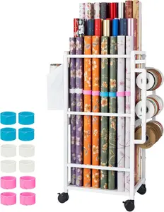 Gift Wrapping Paper Organizer Storage, Rolling Gift Wrap Storage Stand, Vertical Wrapping Paper Storage Cart, Ribbon Organizers, Adjustable Rod Design, White, comes with 12 PCS Slap Bracelets