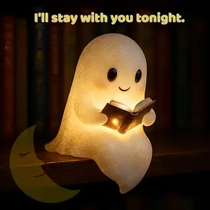 Adorable Ghost Reading Book Night Light, Creative Halloween Home Decor, Decorative Light, Cute Resin Craft Ornament, Desk Shelf Decoration, Nightlight For Bedroom