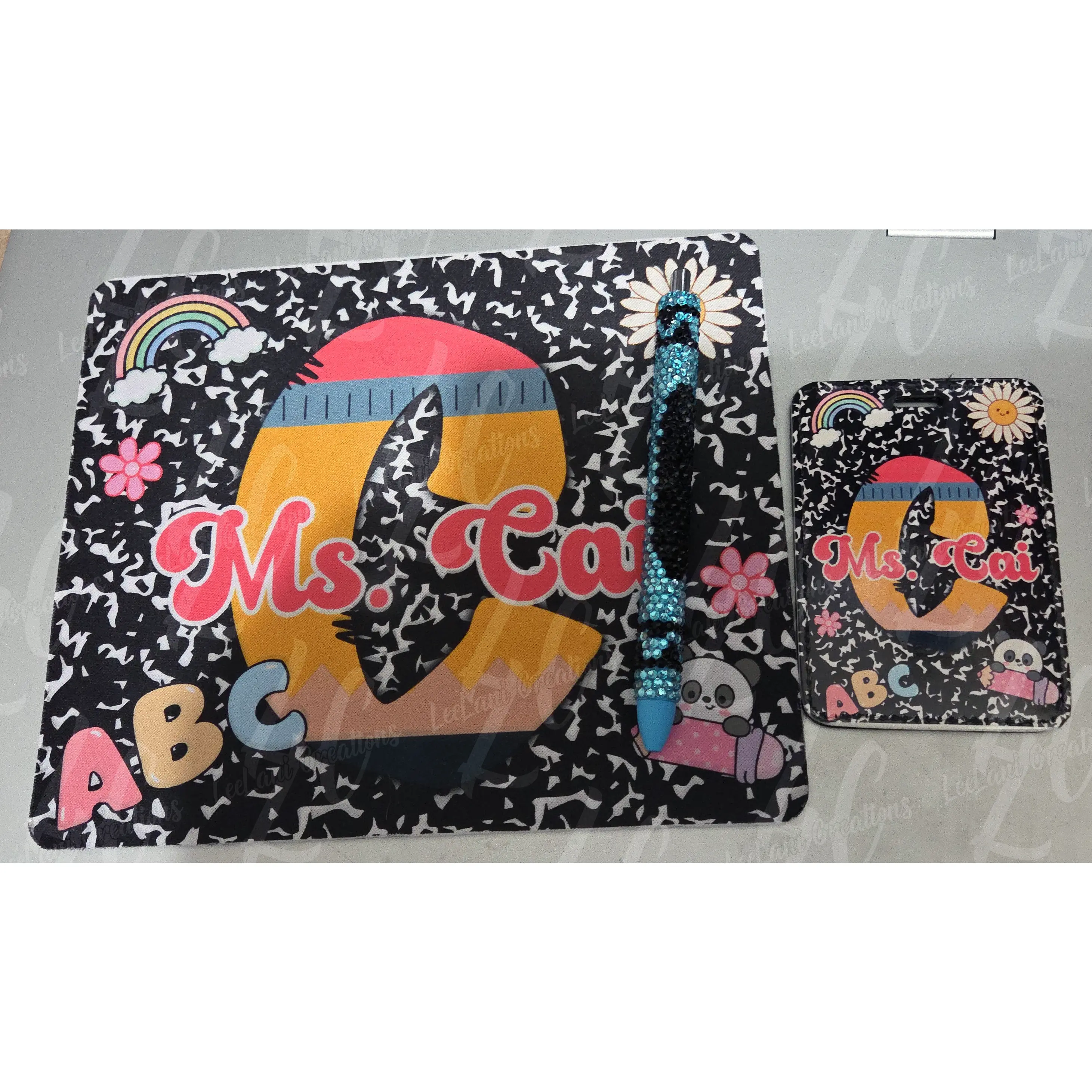 Personalized Teacher Desk Gift Set | Custom Mouse Pad, Badge Holder & Rhinestone Pen