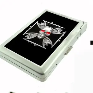 Novelty Metal Wallet Case Skull and Cross With Built In Lighter