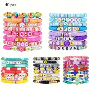 40pcs Women' Clay Bead Heishi Bracelets - Stretch Elastic Stackable Layering Bracelets Suitable for Beach, Boho, Y2K Style - Preppy Surfer Beaded Jewelry for Summer, Parties, Gifts