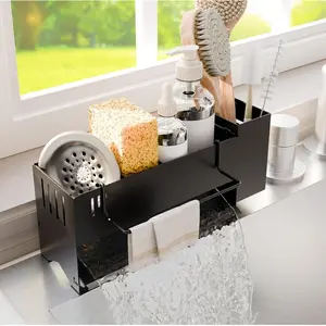 Kitchen Sink Caddy Organizer, Sponge Holder for Kitchen Sink with Upgraded Extra-Wide Drain Board, Efficient Drainage, Stainless Steel with Rust-Resistant Coating