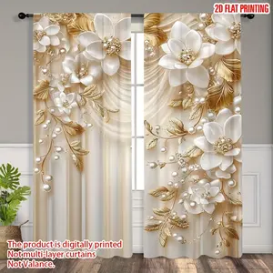 [Floral Print Curtains] 2pcs Elegant Floral Print Curtains - Semi-Transparent Polyester, Chic Rod Pocket Window with Golden & White Flower Design for Living Room, Bedroom, Office, Kitchen, Coffee Shop - Home Decoration Curtain, Machine Washable