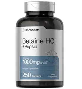 Horbäach Betaine HCl with Pepsin | 1000mg | 250 Tablets | Hydrochloride Supplement | with Ginger Root | Non-GMO, Gluten Free