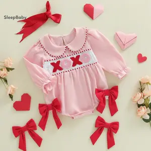 Valentine's Infant Baby Girl Rompers Puff Long Sleeve Doll Collar Letters Embroidery Bubble Jumpsuit Toddler Valentine Jumpsuit