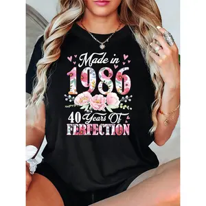 Women'S 1986 40th Birthday Theme T-Shirt | Flower & Slogan Decor, Casual Short Sleeve, Pink-White Fresh Memorial, Spring/Summer Season