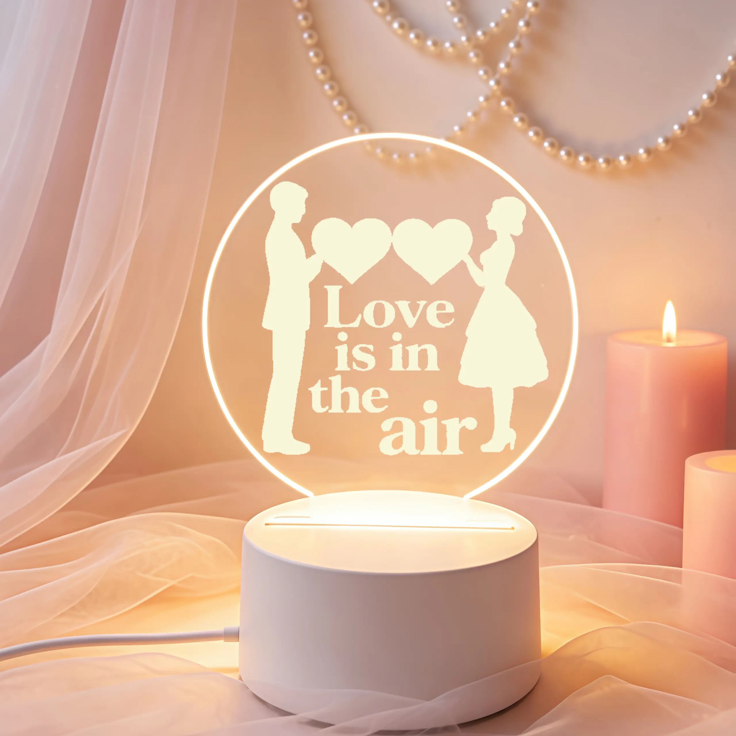 Love Theme Round 2D Acrylic Frame LED Lamp Night Light - Heart Silhouette Engraved Table Decor, Modern Rom. Gift for Couple’s Wedding, Anniversary, Valentine’s Day