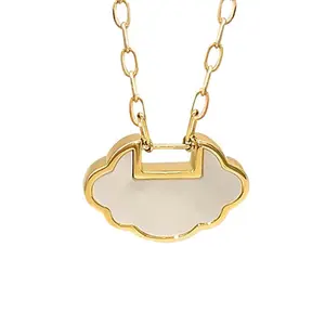 Mother of Pearl Lock Pendant Necklace, 14K Solid Gold Paperclip Chain