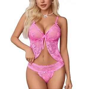 Avidlove Pajama Set for Women Floral Lace Lingerie Open Front Cami and Panty Sleepwear S-XXL Womenswear Cute Bridal