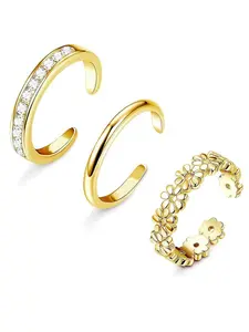 3Pcs Golden Color Toe Rings for Women Daisy Flower Glossy Footring Adjustable Size Dainty Zirconia Toe Ring Summer Beach Open Toe Rings Set Toe Jewelry Foot Jewelry