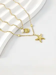 1pc 2‑Layer Starfish Shell Faux Pearl Beaded Clavicle Necklace, Gold Plated Boho Ocean Beachy Fashion Accessory for Women, Daily Summer Vacation Tropical Pool Party Holiday Gift, Viral Aesthetic Trendy Jewelry