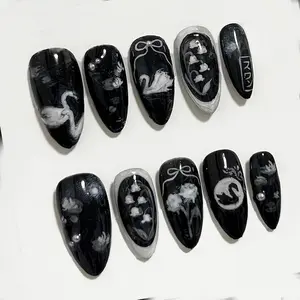 Elegent Black Swan Press On Nails: Black and White Nail Art, Hand-painted Swan Lake Theme, Lily of the Valley, Gothic Nails, Press Ons