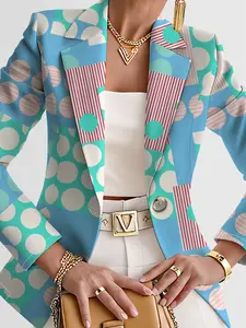 Women's Autumn Outdoor Striped Plaid Circle Geometric Pattern Digital Print Blazer Jacket, Casual Fitted Regular Length Coat