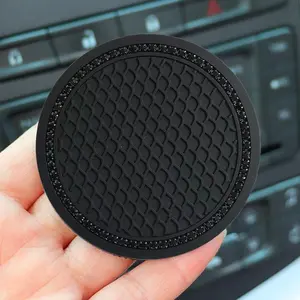 Car Cup Coaster 2PCS Glass Rhinestones Holder Anti Slip Silicone Accessories Gift for Women Pure Black, Round Anti-slip Car Cup Holder Pad, Car Interior Decoration Accessories for Women & Men