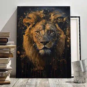 1 Count Wooden Frame Canvas, Majestic Golden Lion Head Abstract Design, Abstract Face Design, Art For Home Decoration, Pattern Wall Art Decor, For Living Room, Bedroom, Restaurant, Bar Wall Decor, Waterproof, Odorless, Painting, Print, Artwork