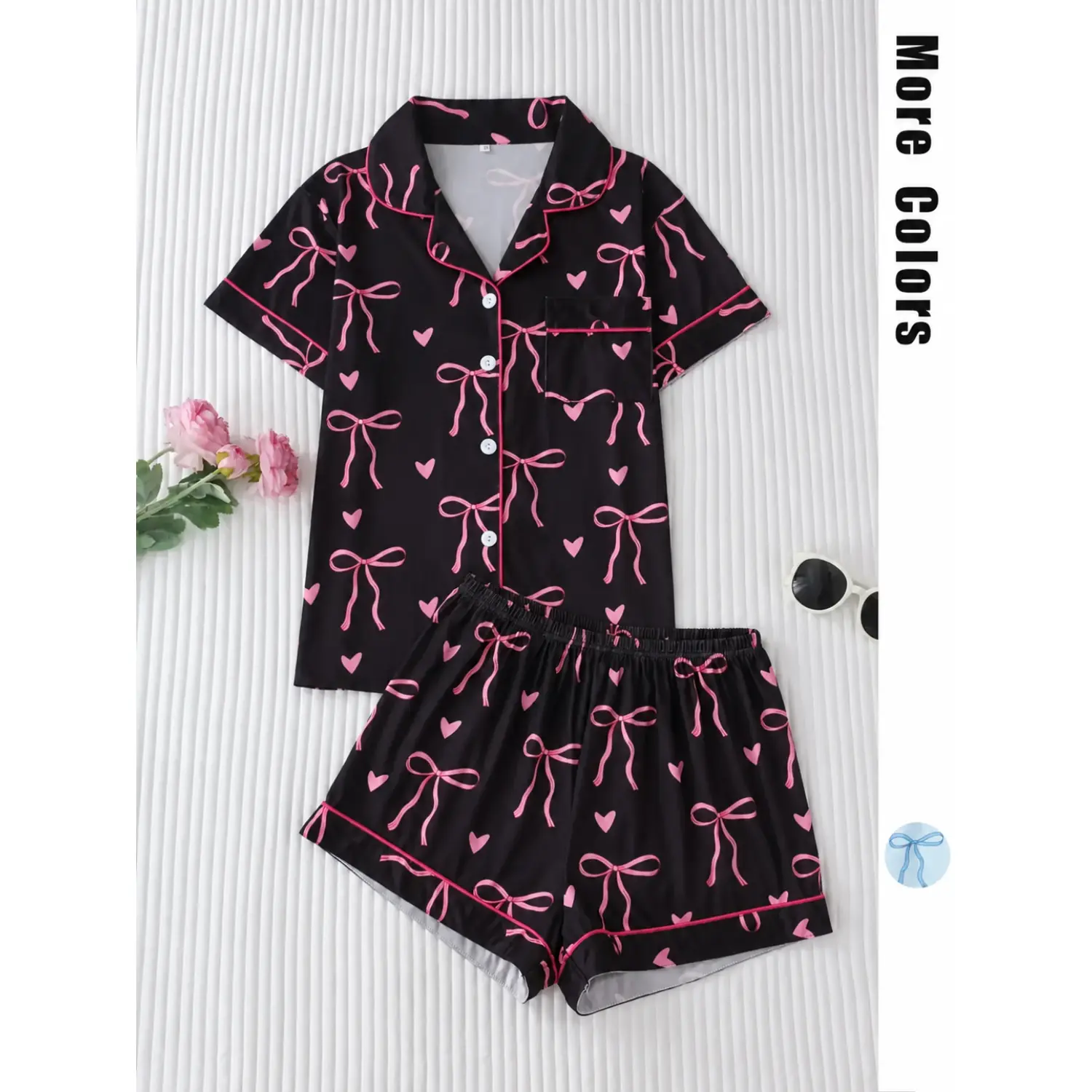 Women's Bow Print Lapel Neck Pocket Shirt & Elastic Waist Shorts Pajama Set - All-Season Ladies Sleepwear Lounge Wear