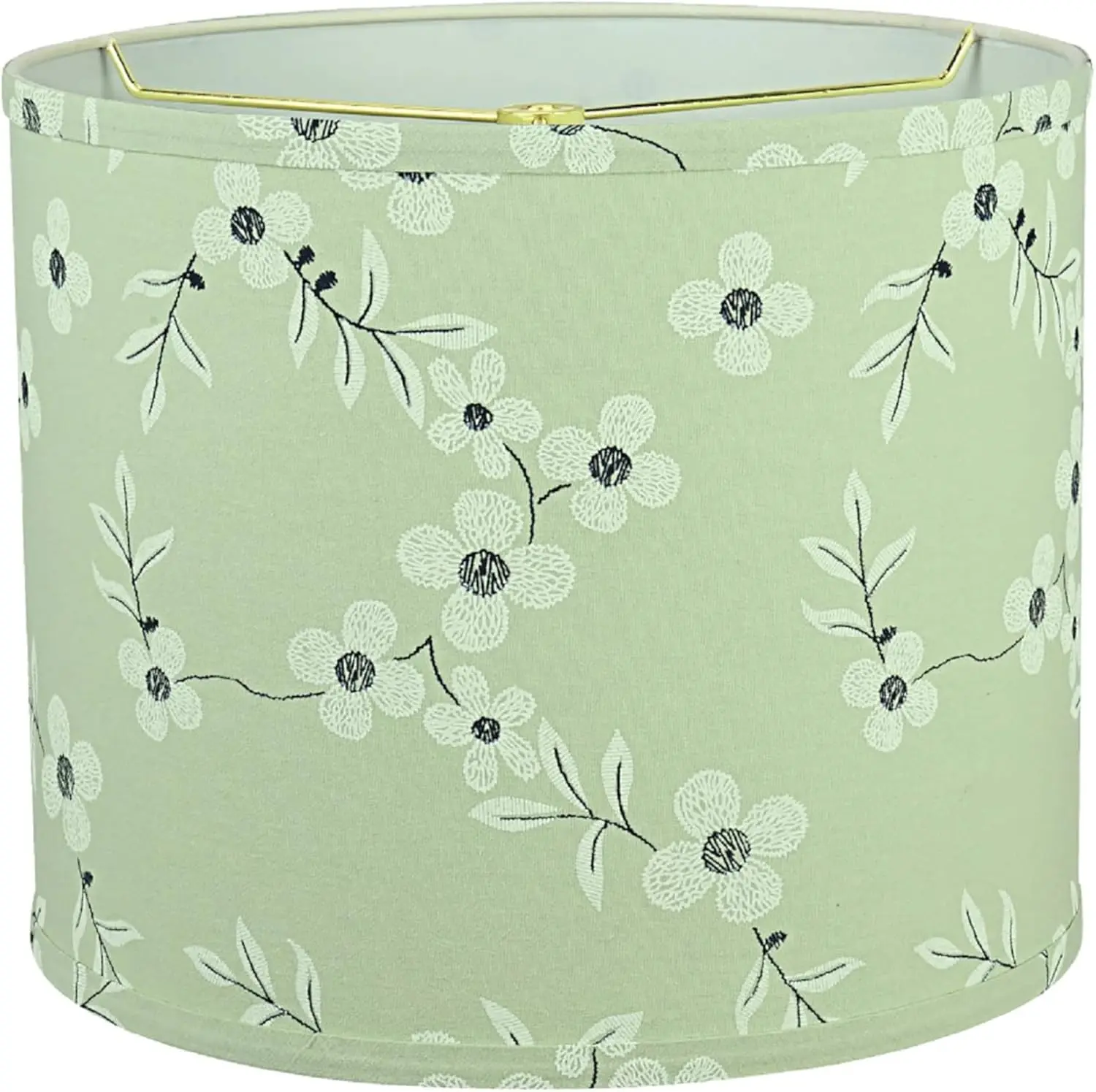 31102 Transitional Drum (Cylinder) Shaped Spider Construction Lamp Shade in Tea Green with White Flowers Print Fabric, 12" Wide (12" x 12" x 10")