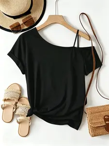 Women's Casual Sporty One-Shoulder Short Sleeve T-Shirt Top, Asymmetrical Strap, Sexy Off-The-Shoulder Fashion, Comfortable All Seasons, Summer