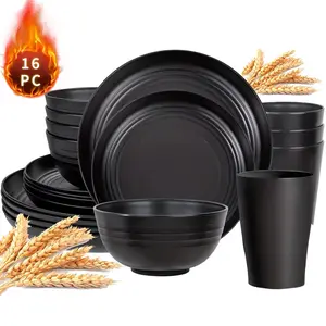 16/24 Pcs Black Wheat Straw Dinnerware Set, Plates Bowls Cups Dishes, Microwave Dishwasher Safe, Lightweight Durable Tableware for 4-6 Persons