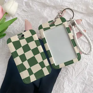 Green Wavy Checkerboard Pattern Durable Plastic ID Badge Holder with Lanyard Slide Design for Cards Transparent Window Compatible with Credit, Metro, Bus Cards-Nurse, Doctor, Student Accessory Perfect Halloween New Year Gifts