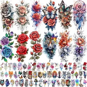 69 Sheets Watercolor 3D Rose Flowers Temporary Tattoos For Women Girls Adults, Realistic Peony Florals Fake Tattoo Stickers Dreamcatcher, Colorful Bulk Half Arm Sleeve Tattoo Butterfly Tiger