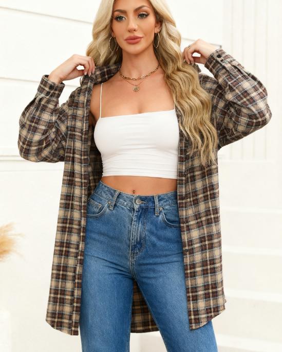 Women's Plaid Shirt Casual Long Sleeve V-Neck Button-Up Oversize Loose Fit Tunika S-XXL for Autumn Winter