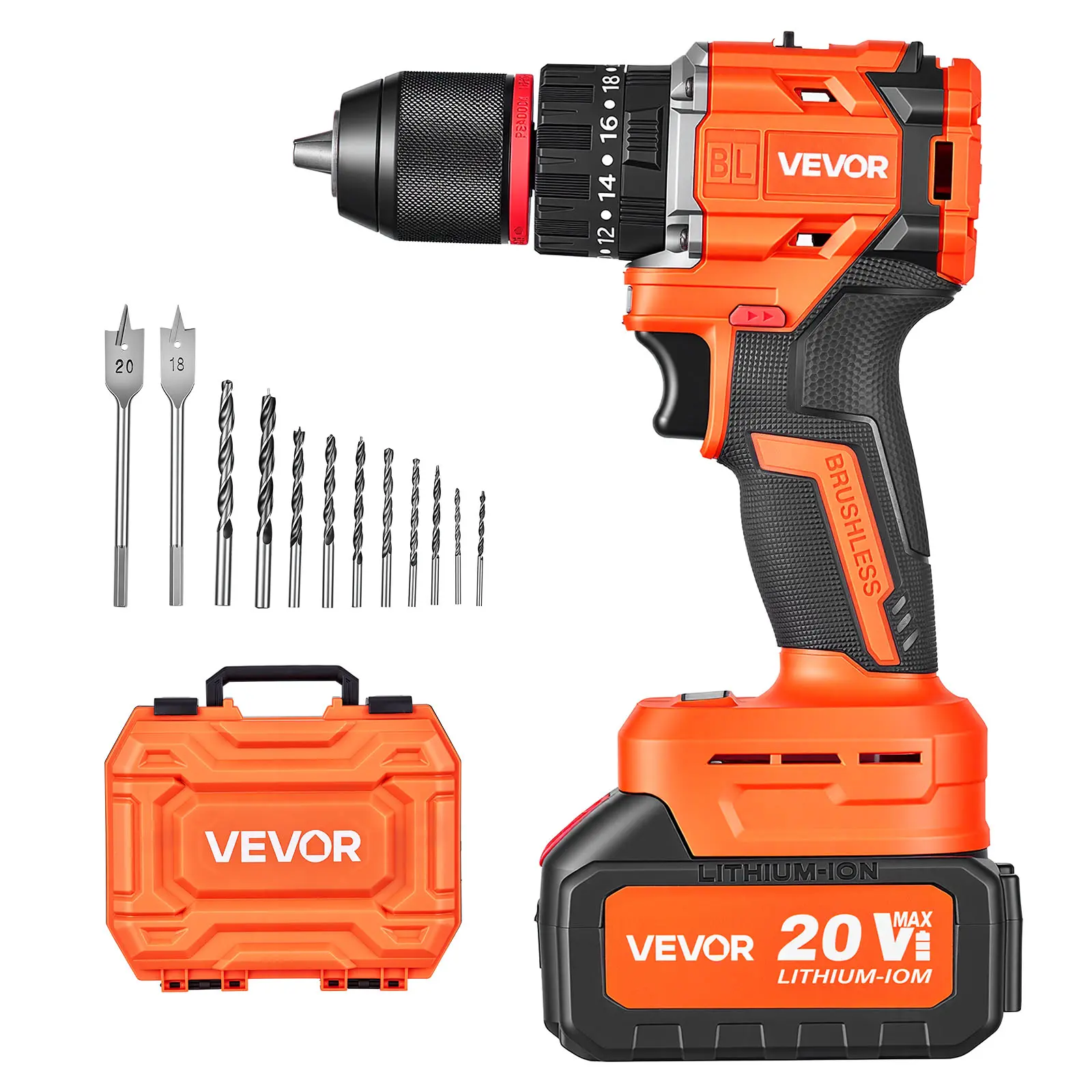 VEVOR 20V Brushless Power Drill Kit, 1/2 in All-Metal Chuck Cordless Drill Set, 30000 IPM Hammer Function with 4000 mAh Lithium-Ion Battery & Charger Pack, Lightweight Compact Design for Wood/Metal Drilling, Screw Driving