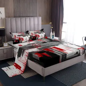 Feelyou Abstract Microfiber Bedding Set - Breathable Sheets with Deep-Pocket Fitted Sheet, Modern Red Grey Black Pattern, for Boys, Girls, Microfiber Bed Sheets