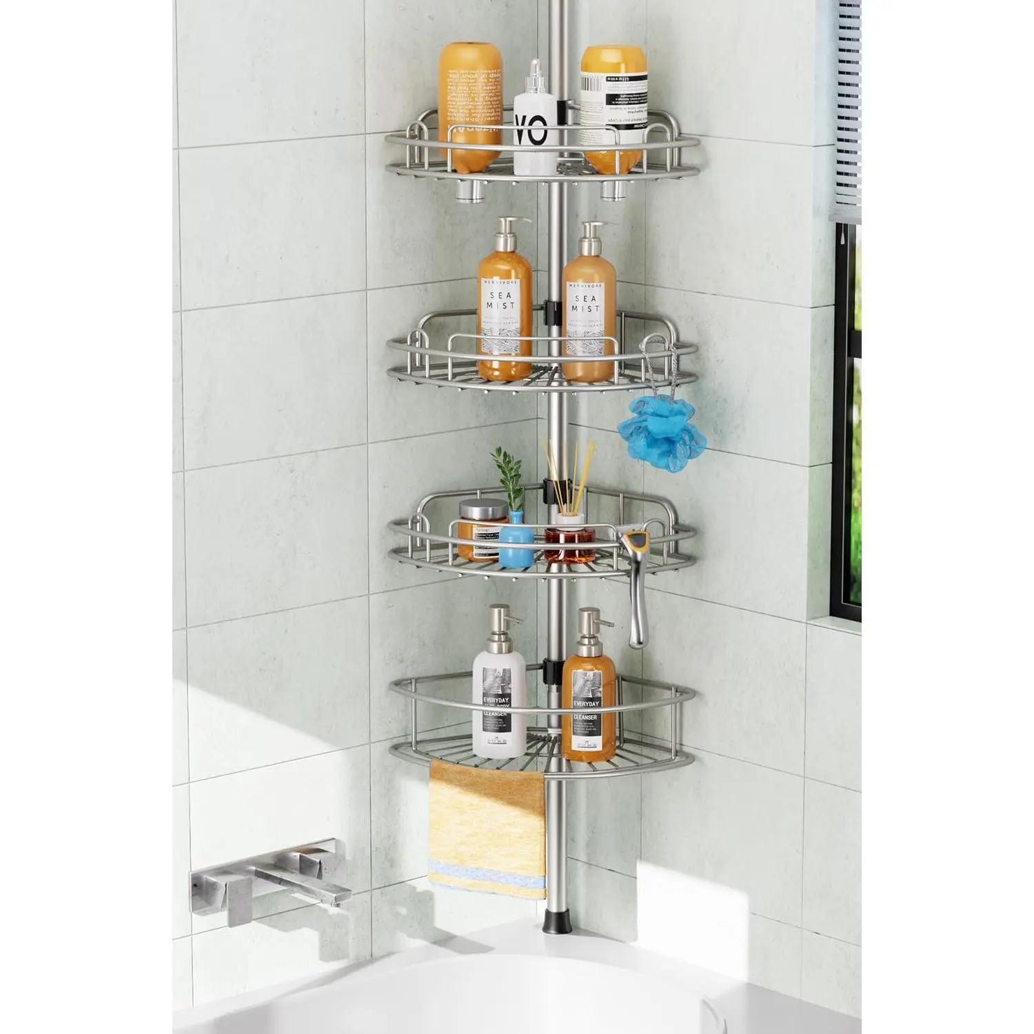 Hollow Stainless Steel Adjustable Height Shower Tension Pole - 4-Tier Rustproof Clip-On Bathroom Corner Shelf Organizer for Renters - No Drill Large Shampoo Storage Rack - 121" Space Saving Bathtub Accessory - Gray, Durable