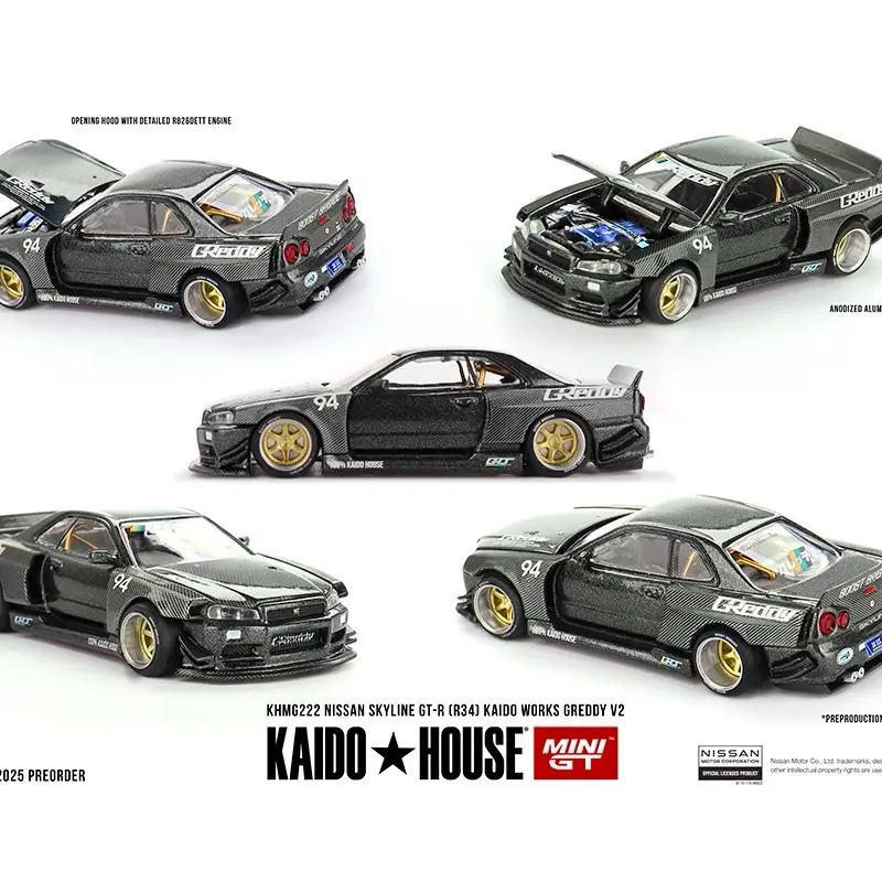 Kaido House x Mini GT 1:64 Nissan Skyline GT-R (R34) Kaido Works GReddy V2 - Black with Carbon Alloy Car Tuned Diecast, Miniature Scale Model Collectible Diecast Vehicle, Alloy Diecast
