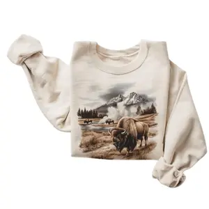 The Retro Bison Roaming A Geyser Basin Sweatshirt, 90s Bull Buffalo Mountain Wilderness Scene Outfit, Boho Unisex Crewneck Sweatshirt,  Menswear Top, Womenswear Top Underwear Streetwear